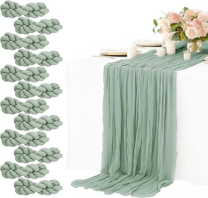 12 Pack Sage Green Cheesecloth Table Runners 10FT Long – 35 x 120 Inch Boho Gauze Table Runners for Engagement, Wedding, Baby Shower & Home Decor – Soft Wrinkled Polyester Fabric