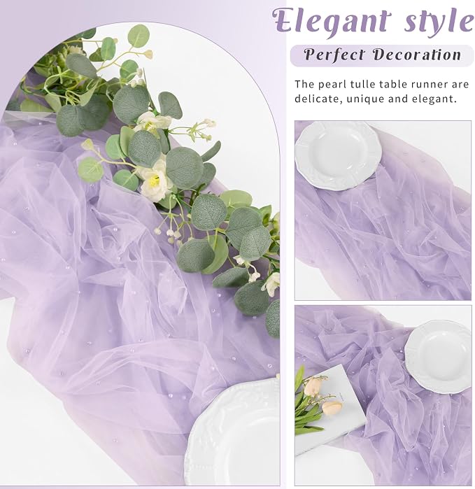 Pearl Table Runner 29 x 120 Inch Tulle Fabric Lace Table Runners for Bridal Shower Birthday Party Wedding Arch Dessert Table Decor(1 Pack, Light Purple)