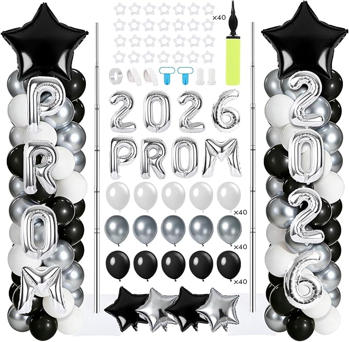 2 Sets Graduation Balloon Column Stand Kits with 132 PCS Silver Black White Latex Balloons 2026 Letters 6.5 Ft Adjustable Metal Tube Telescopic Tower Pillar with Base for Graduation Party Decoration