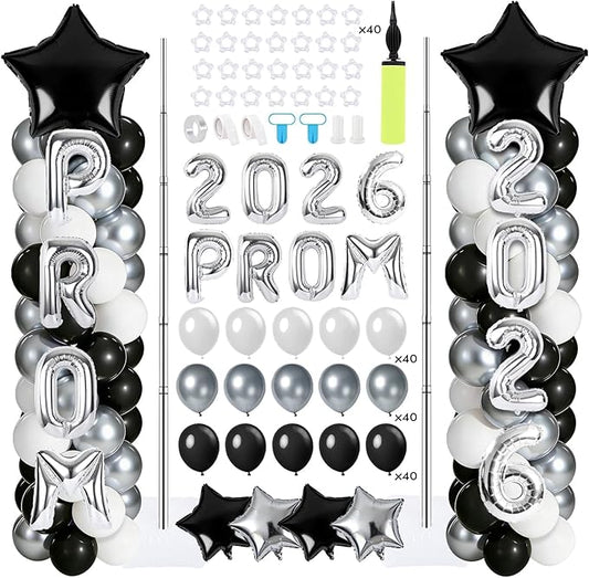 2 Sets Graduation Balloon Column Stand Kits with 132 PCS Silver Black White Latex Balloons 2026 Letters 6.5 Ft Adjustable Metal Tube Telescopic Tower Pillar with Base for Graduation Party Decoration