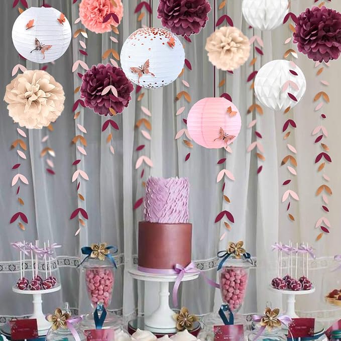 Burgundy Rose Gold Pink Party Decorations Lanterns Flowers Pom Pom with 3D Butterfly Stickers and Leaf Garland Streamers for Birthday Engagement Wedding Bridal Shower Bachelorette Fall Autumn Party