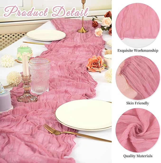 20 Pack Cheesecloth Table Runner 17 x 108 inch Long Boho Gauze Table Runners Semi Sheer Table Runner for Wedding Decor, Baby Shower, Birthday Party, Banquet (Dusty Rose)