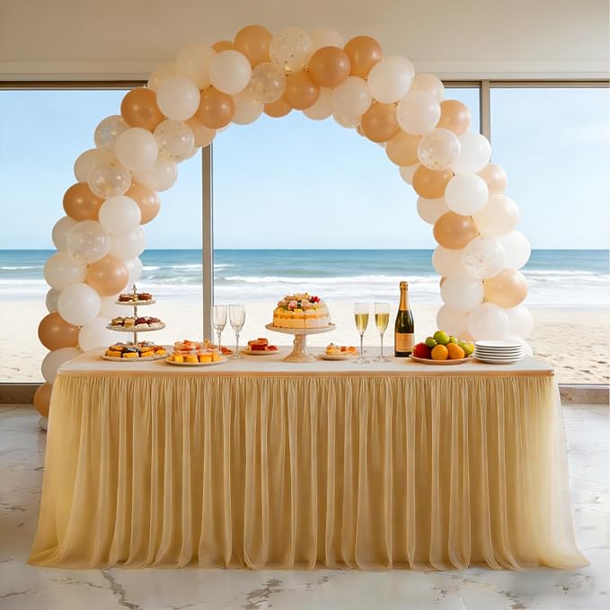 Champagne 2-in-1 Stretch Tulle Table Cover & Skirt – Fits 6ft Rectangular Tables, Perfect for Baby Shower, Bridal, Birthday & Princess Parties (1 Pack)