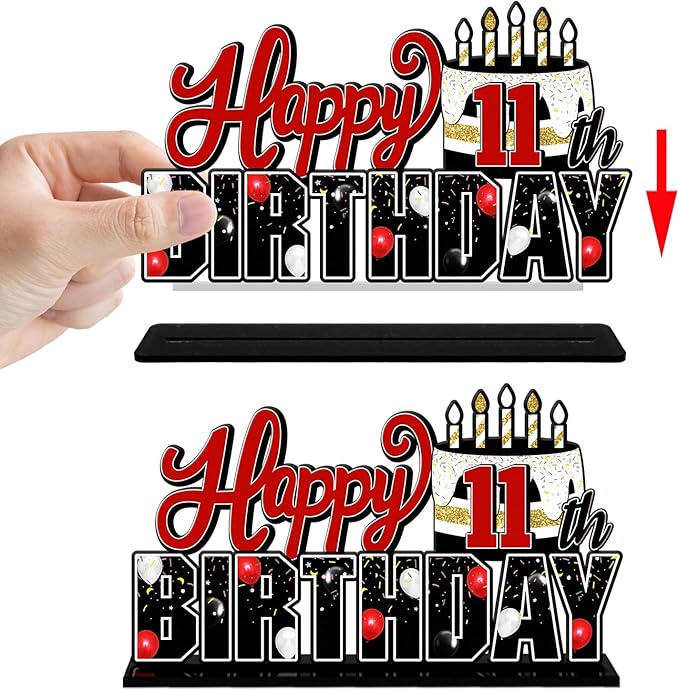 LINGTEER Happy 11th Birthday Red Acrylic Table Topper Centerpieces Set - Cheers to Eleven Years Old Birthday 11th Bday Party Gift Decorations.