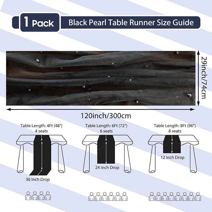 Set of 1 Pearl Table Runner 10ft, 29 * 120 Inch Black Table Cloth Pearl Sheer Tulle Table Cover,Pearl Table Runner for Wedding Party Baby Shower Birthday Home Decor