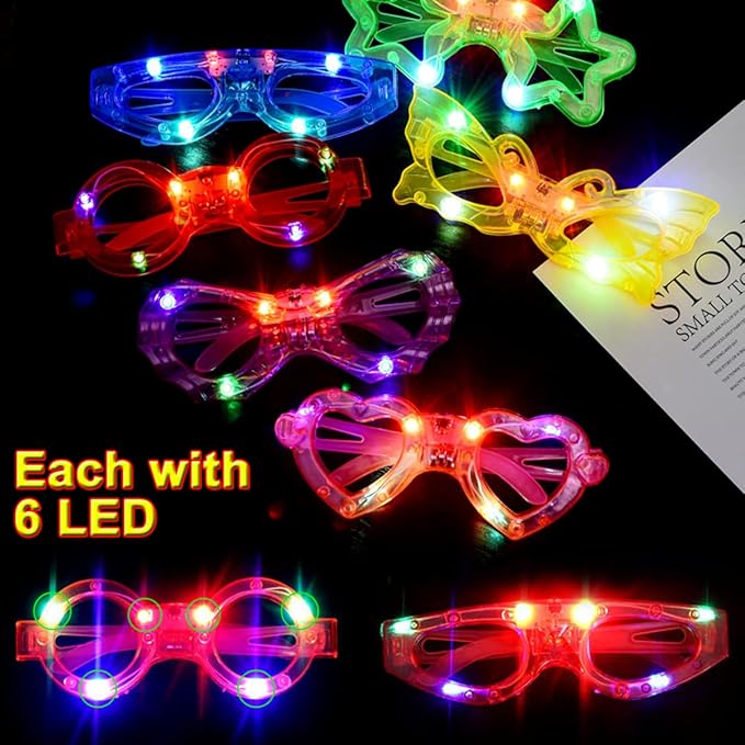 72 Packs LED Glasses for kids Glow in the dark Party Supplies Favor,6 LED 6 Shapes Glasses Flashing Plastic Light up Glass Toys Bulk 3 Replaceable Battery fit Halloween Christmas Thanksgiving
