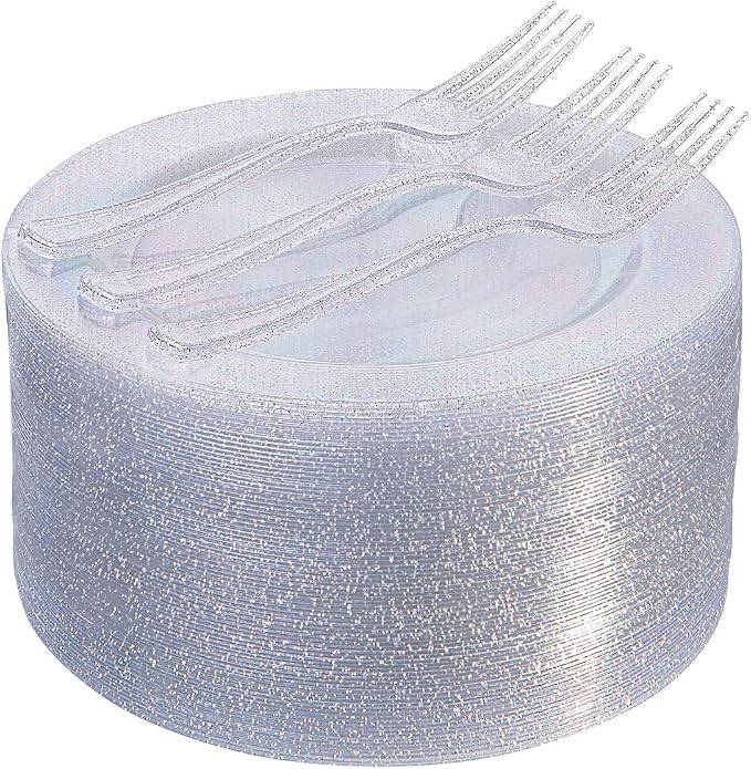 I00000 144Pcs Silver Glitter Dessert Plates Set, Includes 72Pcs Plastic Dessert Plates 7.5",72Pcs Silver Forks 7.4", Plastic Salad Plates for Birthday, Wedding & Party