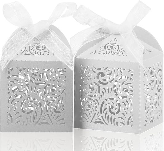 COTOPHER 60Pcs Laser Cut Favor Boxes, 2x2x2.75in Small Gift Box for Presents, Party Wedding Favors With Ribbon, Mini Candy Box for Event Bridal Shower Anniversary Birthday Christmas, White