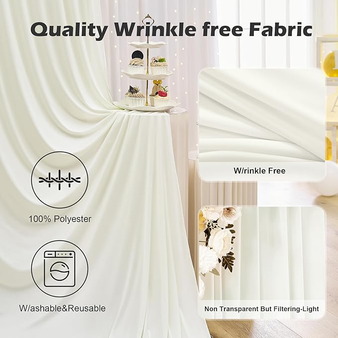 20ft x 8ft Wrinkle Free Ivory Backdrop Curtain for Parties, 4 Panels 5x8ft Silky Polyester Ivory Wedding Backdrop Drapes Photo Back Drop Cloth for Birthday Baby Shower Photography Background