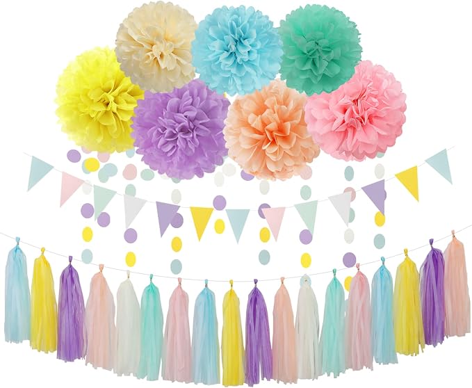 Pastel Rainbow Party-Decorations Supplies Streamers-Garland - 29pcs Baby Shower Birthday Wedding Tissue Pom Poms,Tassel Banner Backdrop Decor Bunting Lasting Surprise