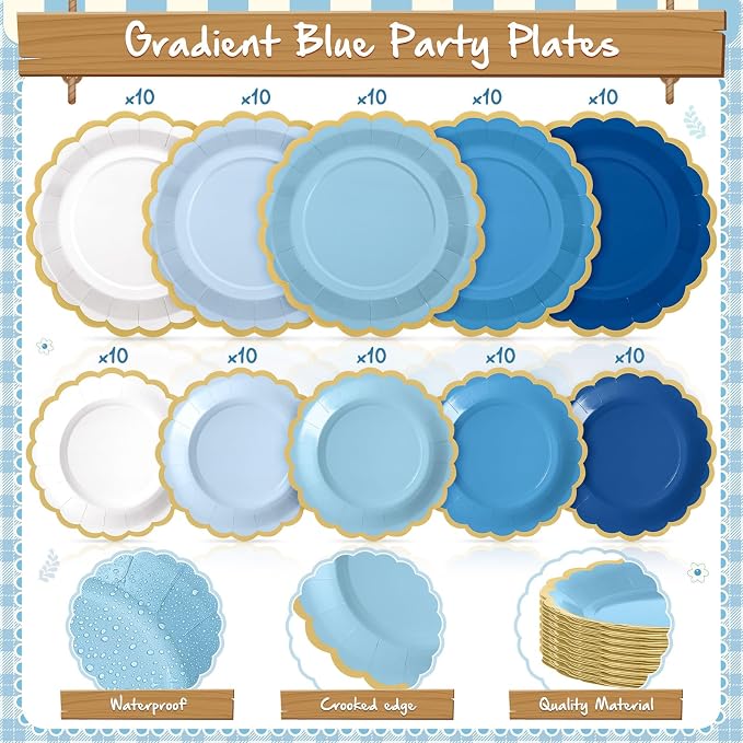 Zhehao 150 Pcs Blue Plates and Napkins Tableware Serves 50 Includes 9 Inch 7 Inch Blue Scalloped Paper Plate and Napkins for Ocean Sea Wedding Birthday Baby Shower Party