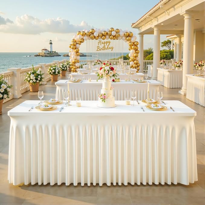 2 Pack Ivory Spandex Tablecloths for Rectangle Tables 8 Foot Ivory Stretch Table Cloth Rectangle 8ft Elastic Fitted Table Cover with Skirt for Wedding Birthday Party Banquet Baby Shower Buffet Event