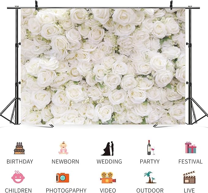 15x10ft Flower Backdrop White Rose Floral Photography Background Engagement Ceremony Bridal Shower Wedding Party Banner Decorations Kids Birthday Newborn Baby Shower Portrait Photo Booth Prop