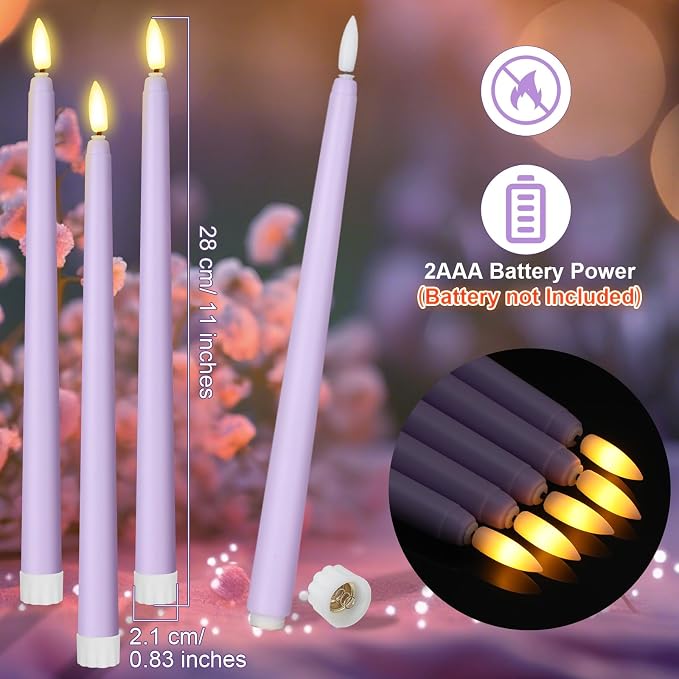 Macarrie 24 Packs Flameless Taper Candles Battery Operated Fake 11 Inch Long Candlelight LED Flameless Candlesticks Flickering Tapered for Summer Fall Wedding(Lavender Purple)