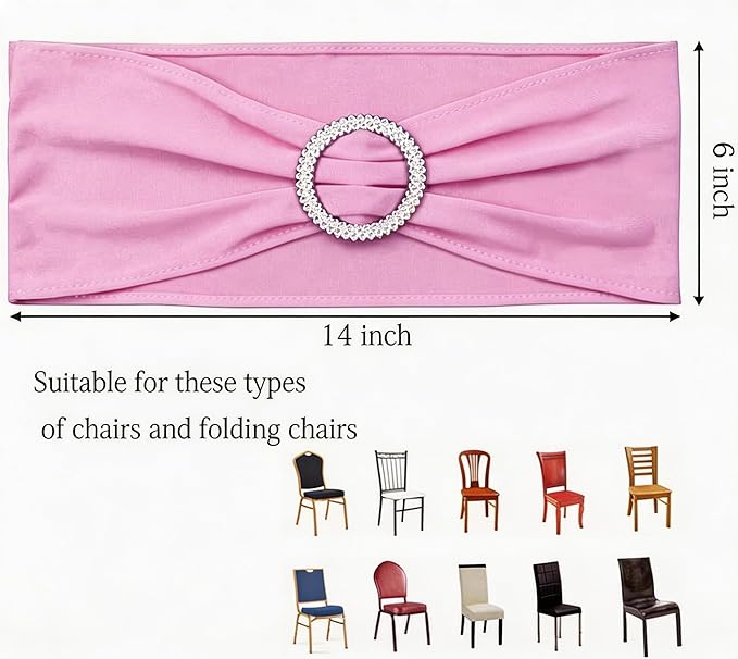 Spandex Pink Chair Sashes 50 Pack Light Pink Chair Bows Bands with Silver Buckle for Wedding Birthday Party Baby Shower Anniversary Engagement Christmas Events Decorations