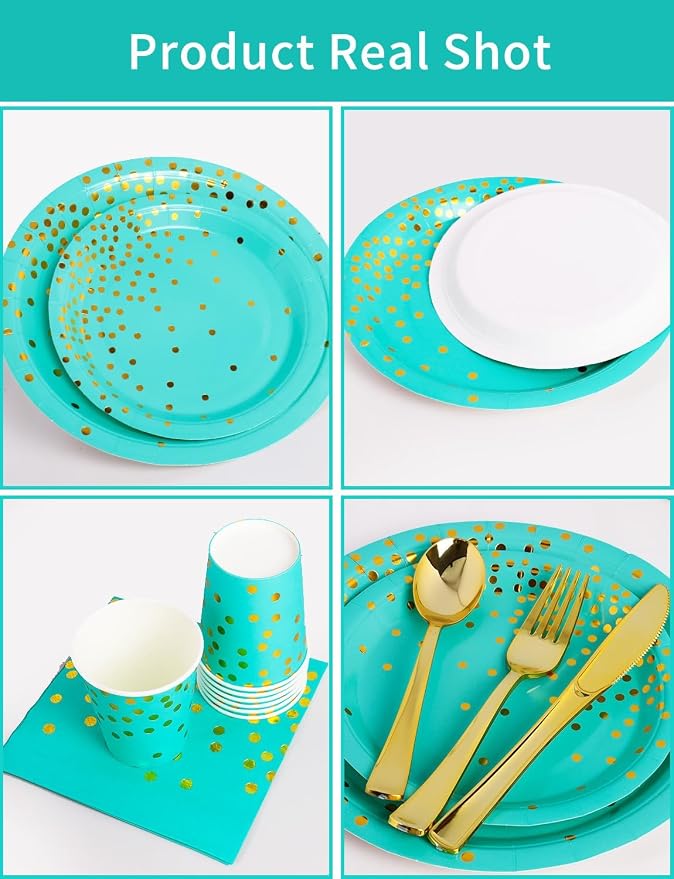 Nkaiso 141 Pieces Blue Green and gold Party Supplies, Disposable Party Decorations Sets Include Paper Plates Napkins Cups, Plastic Forks Knives Spoons, for Baby Shower Birthday Wedding -20 Guests
