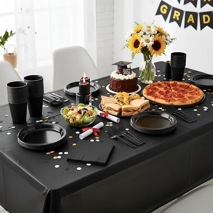 Black Plastic Plates for Party,50 Guest Disposable Plastic Plate Set 9" Plates,7" Dessert Plates,Napkins,Cups,Forks & Tablecloth for Birthday,Halloween,Christmas Parties,Graduations
