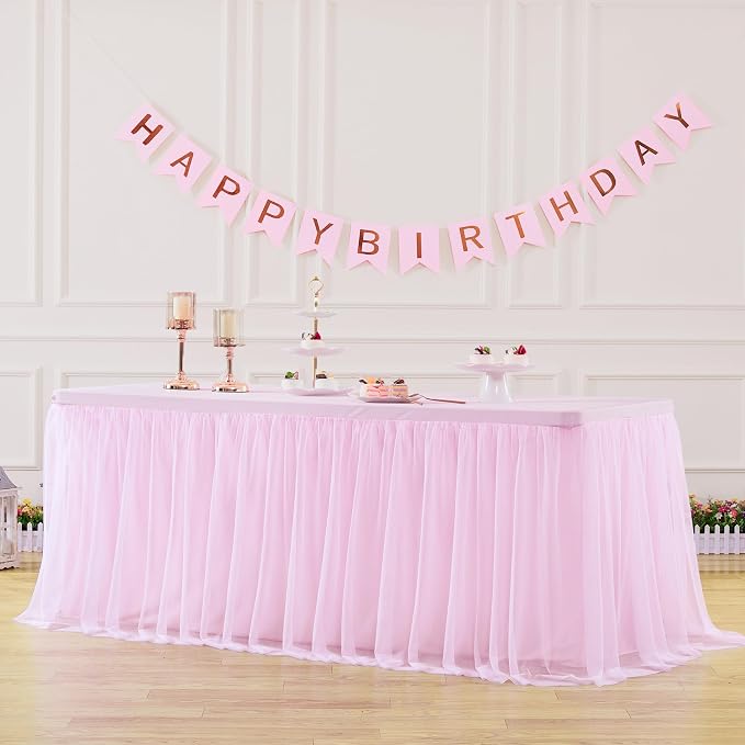 Pink Tulle Tablecloth for 8 Foot Rectangle Table, Light Pink Tulle Tables Skirt Cover 8ft Banquet Wedding Table Cloths Baby Shower Tutu Ruffle Tables Skirt Cloth for Party Bridal Shower