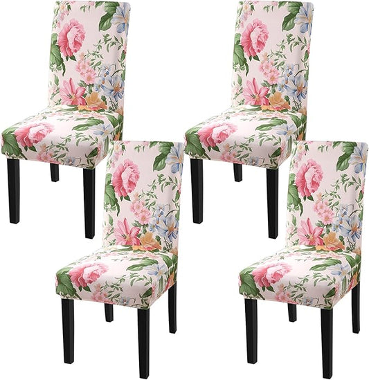 Fuloon Chair Covers for Dining Room 4 Pack, Printed Stretch Dining Slipcovers, Washable Kitchen Slip Covers for Parson Chair, Flowers Blossoms Printed, Set of 4