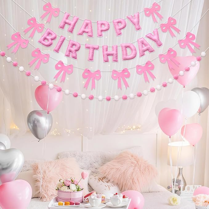 Pre-Strung Pink Bow Birthday Decorations, Reusable Coquette Party Decorations with Wool Felt Happy Birthday Banner, Bow and Felt Ball Garland for Girls Women Baby Shower Pink Bow Theme Decor