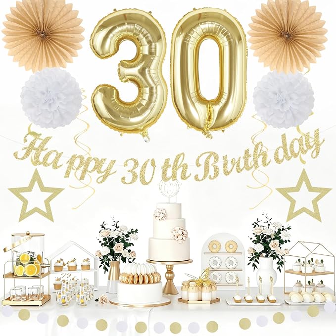 White Gold Women 30th Happy Birthday Party Decorations Hugmoon | 21pcs Kit 30th Balloon,Cute Girl Banner,Streamers,Tissue Paper Pom Poms Flowers Fans,Birthday Garlands Decor Backdrop