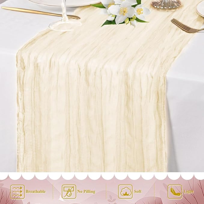 24 Pack Ivory Cheesecloth Table Runner 17"x108" Boho Gauze Fabric Table Runner Vintage Rustic Sheer Runners for Wedding Party Bridal Baby Shower Table Decorations