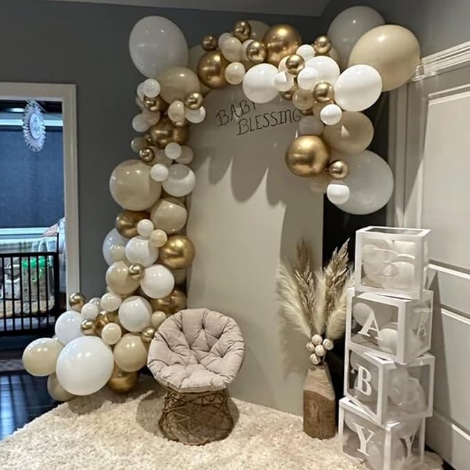 White Sand Gold Balloons Arch Double Stuffed, Cream Nude Beige Metallic Gold Balloons Garland, White Neutral Latex Balloon for Boho Baby Shower Birthday Anniversary Graduation Communion Party Decor