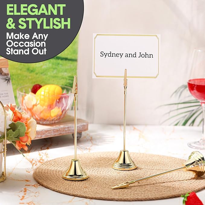 Skyygemm 12 Pcs Table Number Holders 8 Inch Place Card Holder with Alligator Clip Metal Table Card Holders Table Number Stands Table Sign Holders for Photos, Food Signs, Birthdays, Weddings (Gold)