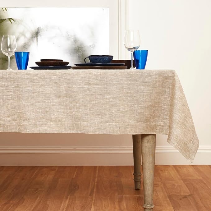 Solino Home Linen Tablecloth 60 x 132 Inch - 100% Pure Linen Champagne Beige Table Cloth for Rectangle Tables - Athena, Machine Washable Tablecloth for Summer