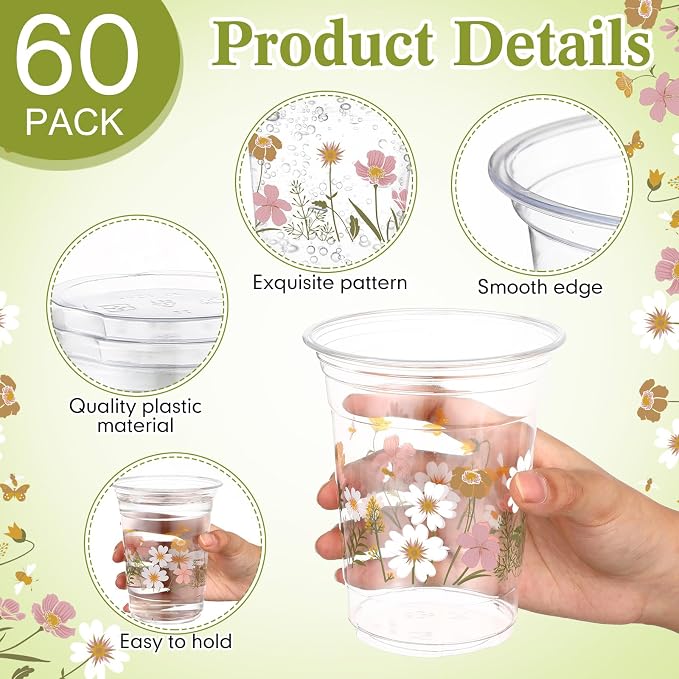 Hushee Boho Wildflower 60 Pcs Party Cups 16 oz Plastic Disposable Drinking Cups for Birthday Love Baby in Bloom Baby Shower Summer Fresh off The Market Bridal Shower Decorations Supplies