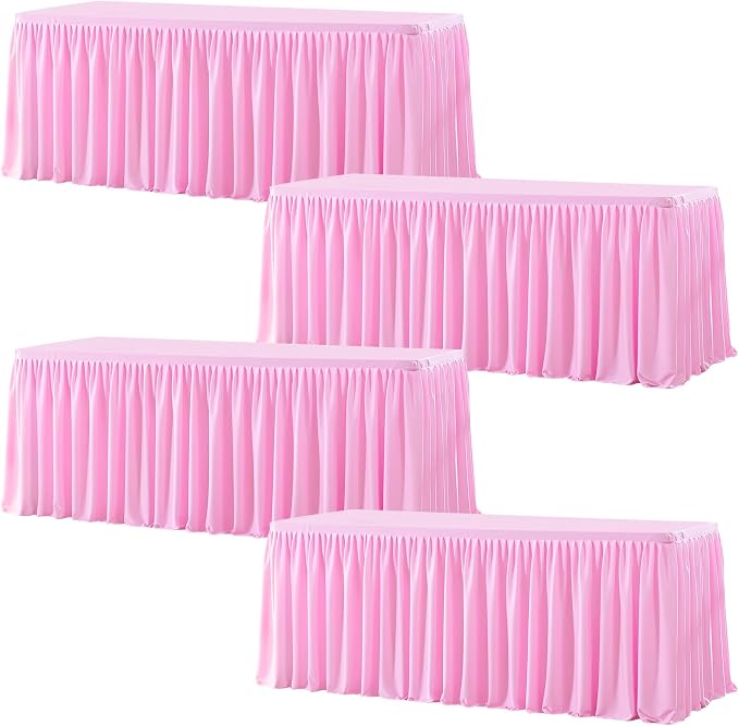 Wish Care 4 Pack Pink Rectangle Table Clothes for 8 Foot Tables, Polyester Fitted Tablecloths 8ft Stretch Table Cover for Wedding, Birthday, Parties, Trade Show, Craft Show