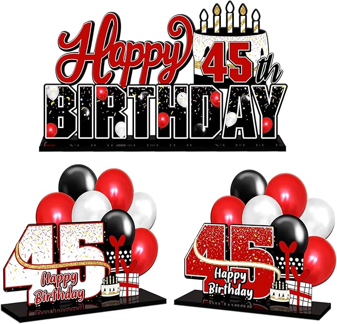 LINGTEER Happy 45th Birthday Red Acrylic Table Topper Centerpieces Set - Cheers to 45 Years Old Birthday 45th Bday Party Gift Decorations.