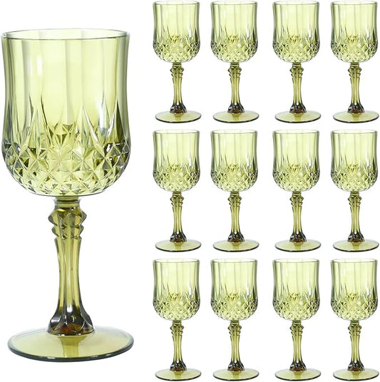 CHLJAR 7oz Plastic Vintage Drinking Glasses Wine Glasses Vintage Champagne Flutes Unbreakable Wedding Glassware Crystal Water Goblets Reusable Drinkware (Dark Green, 12 PCS)
