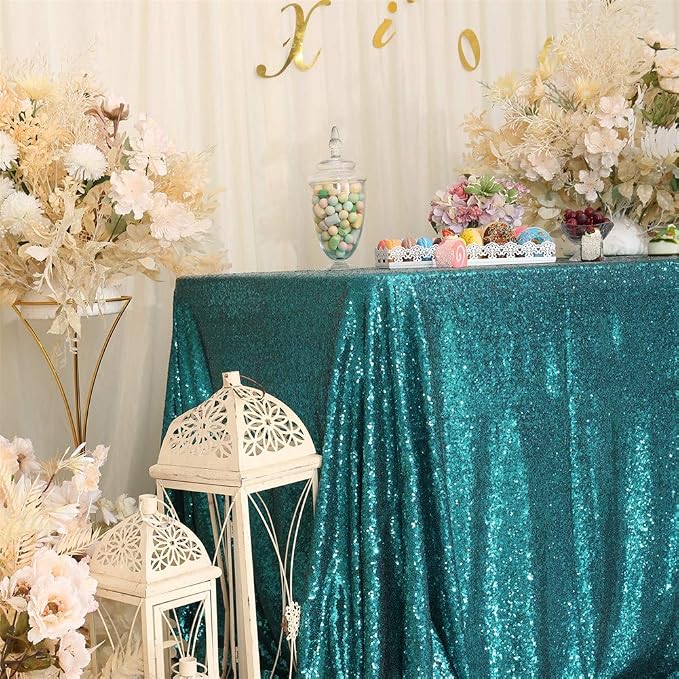 Eternal Beauty Teal Tablecloth, 50x80 Inch Sequin Rectangle Table Cover for Cake Dessert Exhibition Party Birthday Events