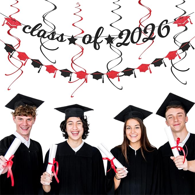Black-Red 2026 Class-Congratulations Graduation Party-Decorations - 22pcs High School College Grad Prom Supplies Decor, Tissue Pom Poms Streamers, Paper Flowers Lanterns Hugmoon