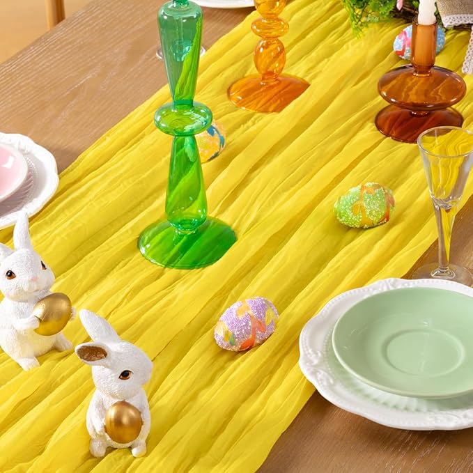 DeZerlor Lemon Yellow Cheesecloth Table Runner 10 Pack Spring Easter Table Runners Boho Gauze 120 Inches Yellow Cheese Cloth Table Decor for Wedding Bridal Baby Shower Parties