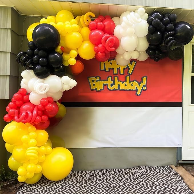 Red Black Yellow Balloon Garland Arch Kit, 117pcs Cartoon Birthday Party Decorations with White Long Balloon Lightning Strike Gold Explosion Star Foil Balloons for Cartoon Ball Baby Shower Party Decor