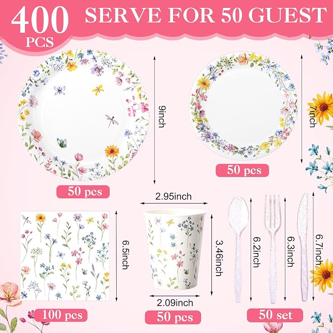 Pickmesh 400 Pcs Wildflower Party Supplies Floral Baby in Bloom Tableware Include Disposable Paper Plates Napkins Cups Cutlery for Spring Summer Picnic Tea Baby Shower Party Decorations Serve 50