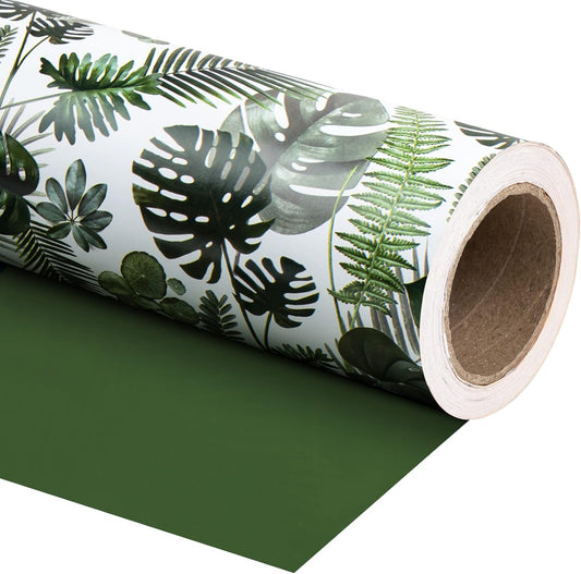WRAPAHOLIC 30 Inch Reversible Wrapping Paper - 30 Inch X 100 Feet Jumbo Roll Green Monstera Leaf Design, Perfect for Birthday, Party, Baby Shower and More Occasions