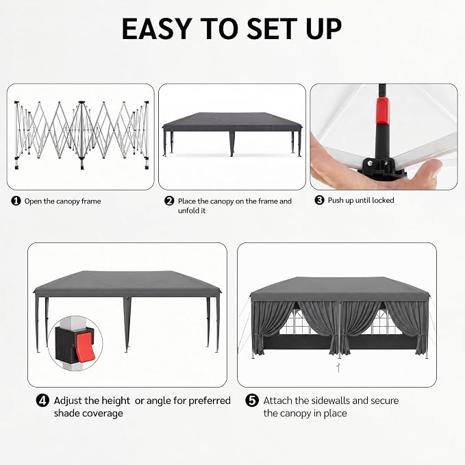 KIGOTY 10x20 FT Portable Pop Up Canopy Tent, Adjustable Height Instant Gazebo with Sidewalls,Sandbags, Waterproof Outdoor Canopy for Camping, Parties, Vendor Events (Grey, 3m × 6m with sidewalls)