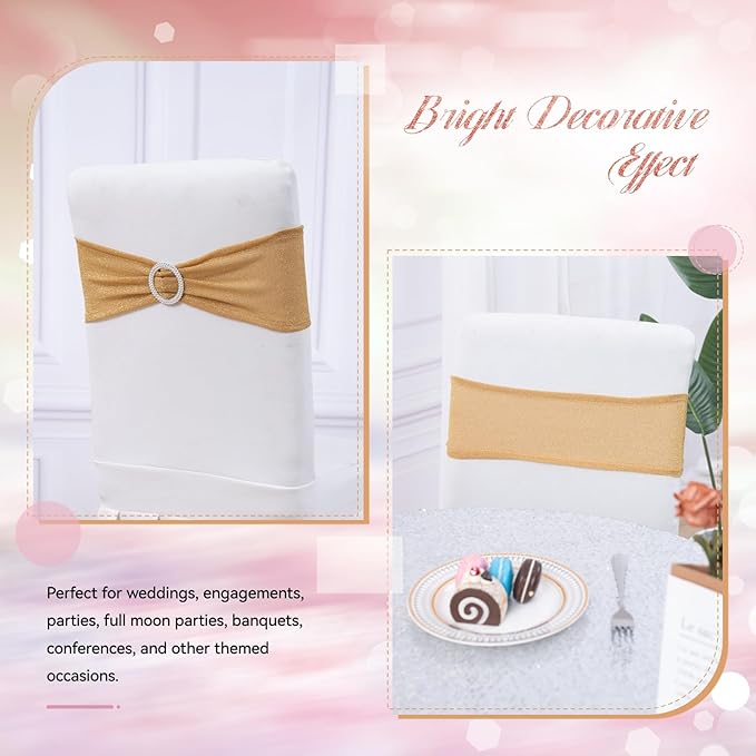 SquarePie Pack of 10 Gold Chair Sashes Bows with Buckle Slider Universal Elastic Spandex Bands Ties for Banquet Event Decor