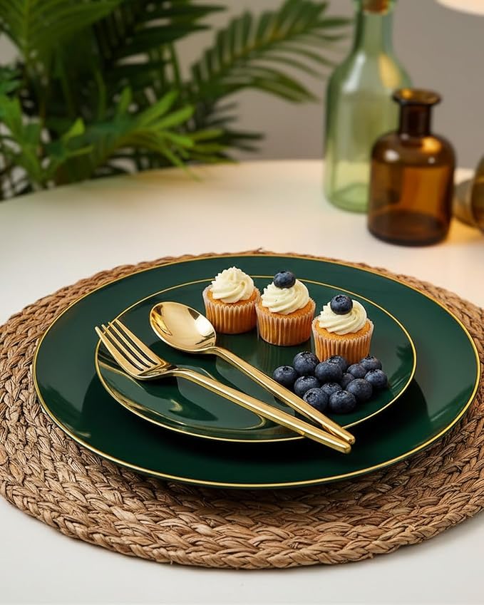 bUCLA 150PCS Green Plastic Plates - Green and Gold Disposable Include 25 Each (Dinner & Dessert) Plates, 25 Knives, 25 Forks, 25 Spoons and 25 Cups, Ideal for Party&Christmas