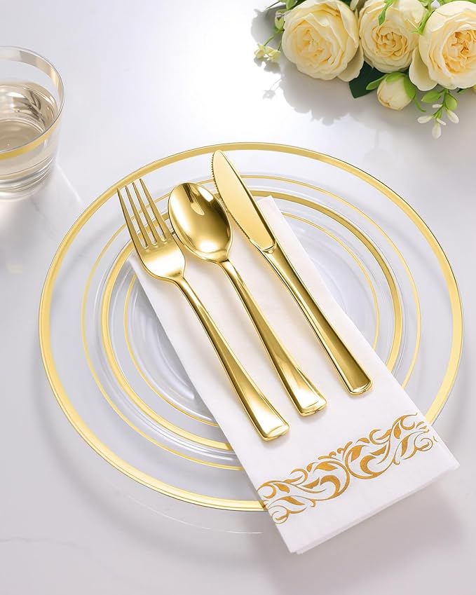 Goodluck 350 Pieces Clear Gold Dinnerware Set for 50 Guests, Plastic Plates Disposable for Party, Include 50 Gold Dinner Plates, 50 Dessert Plates, 50 Paper Napkins, 50 Cups, 50 Gold Silverware Set