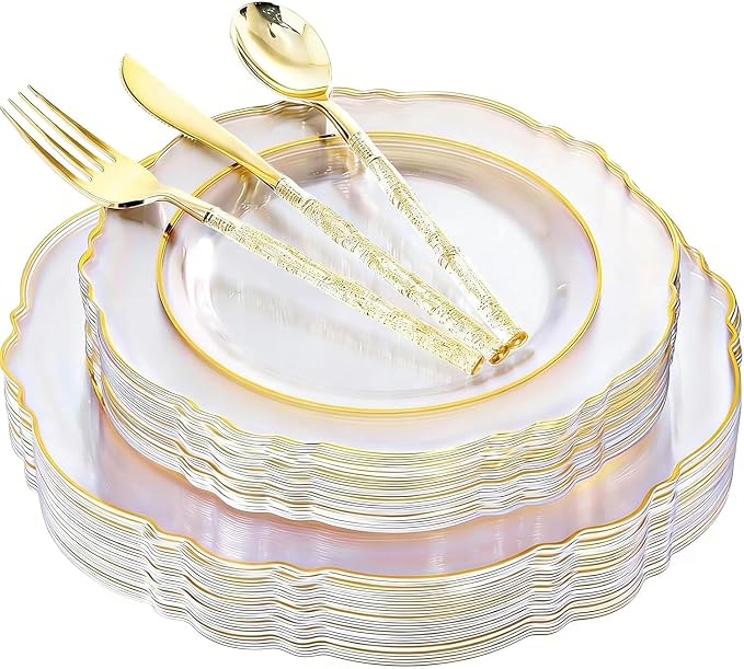 Liacere 150PCS Clear Gold Plastic Plates - Disposable Plastic Silverware with Glitter Bamboo Handle Cutlery-Baroque Clear Gold Disposable Plates for Wedding & Party & Mother's Day