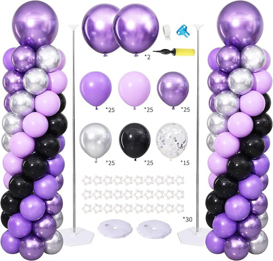Purple and Black Silver Balloon Column Stand Kit Set of 2 for Floor, 140PCS Purple Black and Silver Balloon Arch Kit Balloon Towers for Graduation Birthday Party Decorations