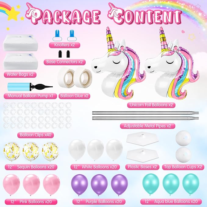 Kasyat 2 Set Unicorn Party Balloon Column Stand Kit with 2 Unicorn Balloons 100 Latex Balloons, Adjustable Balloon Stands Party Supplies for Wedding Baby Shower Birthday