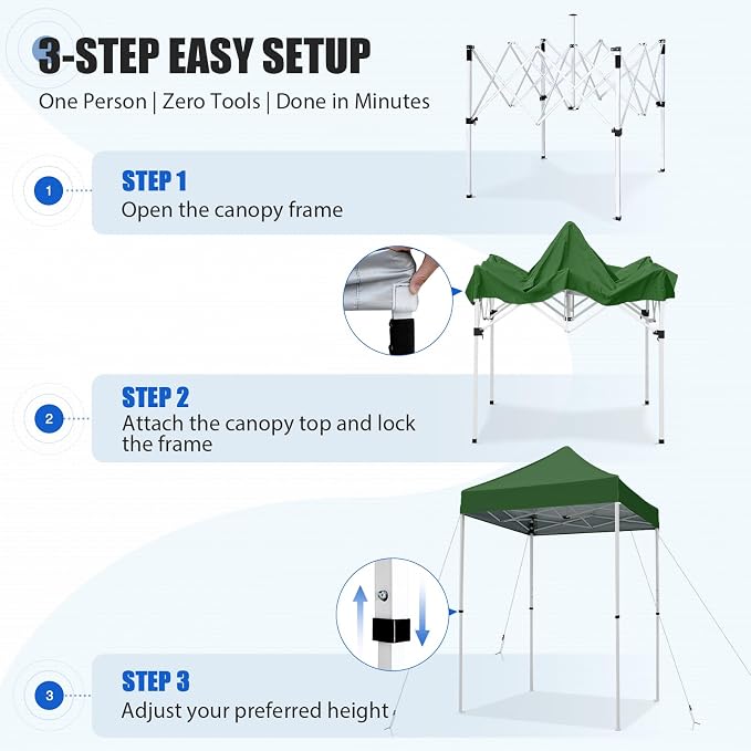 EAGLE PEAK 5x5 Pop Up Canopy Tent Instant Outdoor Canopy Easy Set-up Straight Leg Folding Shelter, Green