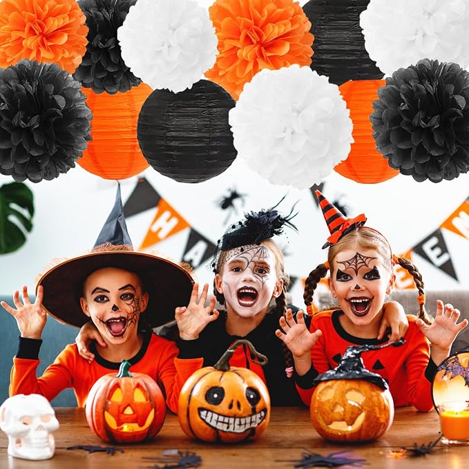 Orange-Black White Party-Decorations Paper-Flowers Lanterns - 15PCS Halloween Tissue Pom Poms Streamers,Vintage Baby Bridal Shower Birthday Bachelorette Wedding Hanging Supplies Decor Hugfond