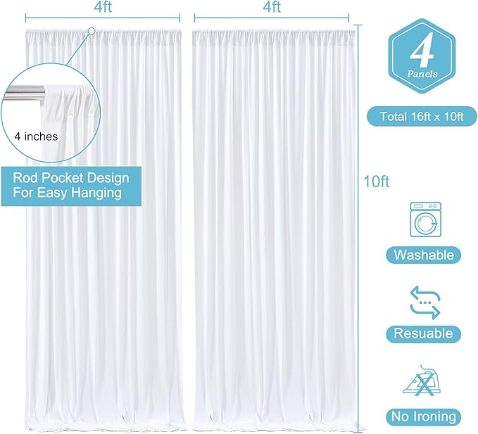 White Backdrop Curtains 4 Panels, 10 Feet Wrinkle-Free Polyester Photography Backdrop Drapes for Wedding Baby Shower Party Background Backdrop Stand- 16 X10FT (White)