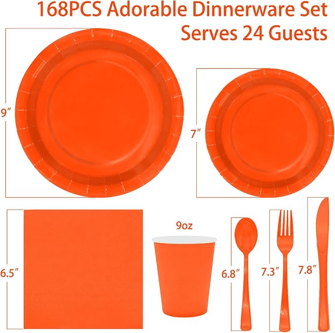 Orange Paper Plates Party Supplies,168pcs Orange Plates and Napkins Party Supplies for Halloween Thanksgiving Fall Orangee Birthday Decorations for Women Serve 24